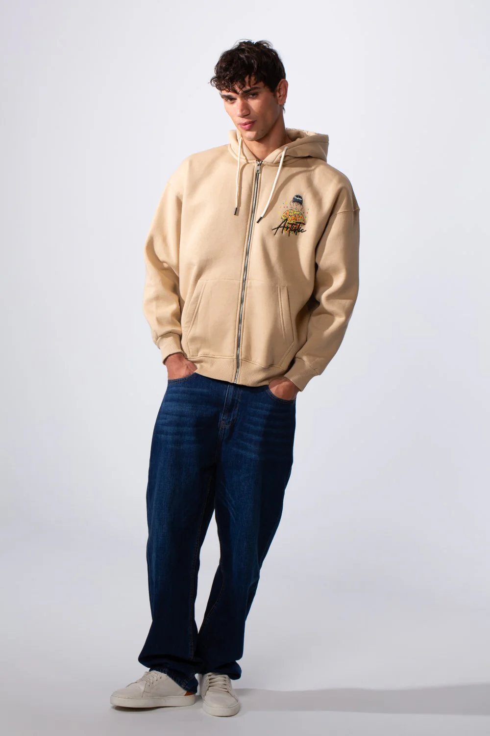 Men's Oversized Melton Graphic Hood Sweatshirt With Zipper - Image 4