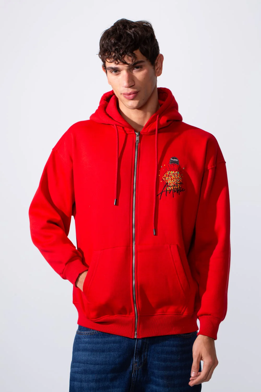 Men's Oversized Melton Graphic Hood Sweatshirt With Zipper - Image 5