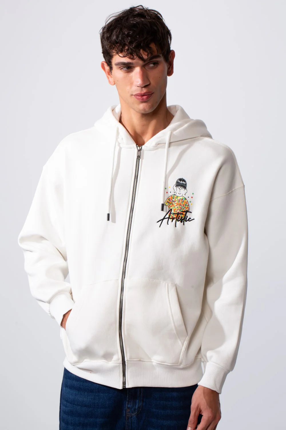 Men's Oversized Melton Graphic Hood Sweatshirt With Zipper - Image 9