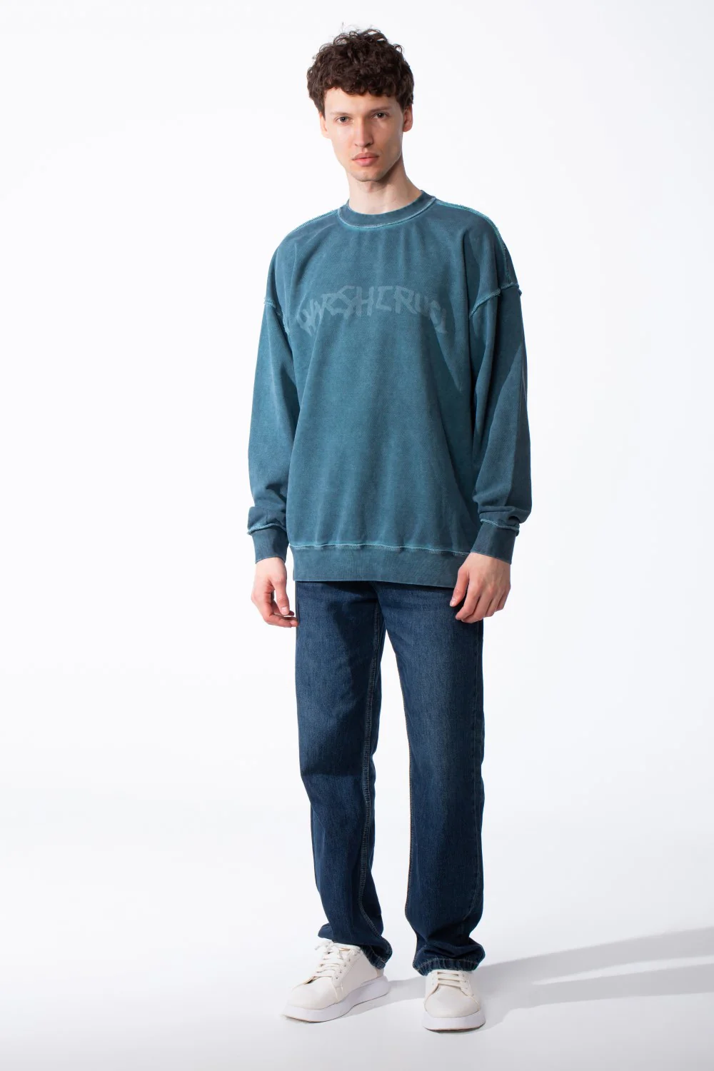 Men's Oversized Pigment-Dye Finish Ribbed Crew Neck Modern Distressed Edge Melton Sweatshirt - Image 11
