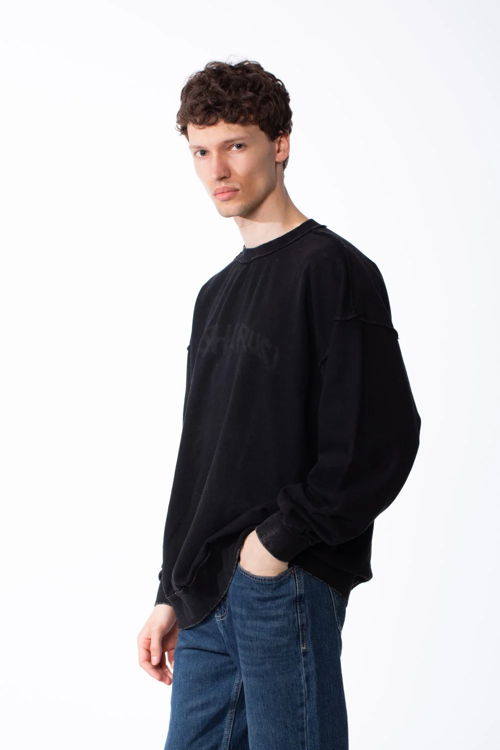 Men's Oversized Pigment-Dye Finish Ribbed Crew Neck Modern Distressed Edge Melton Sweatshirt - Image 4