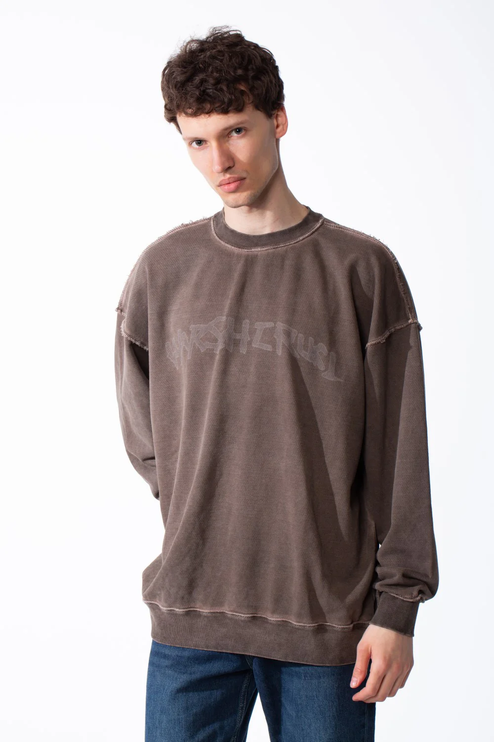Men's Oversized Pigment-Dye Finish Ribbed Crew Neck Modern Distressed Edge Melton Sweatshirt - Image 5