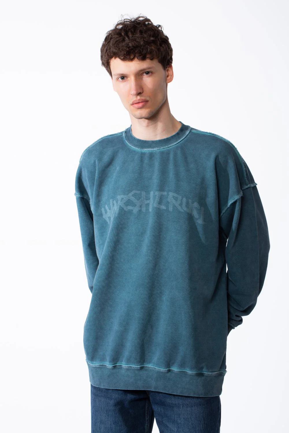 Men's Oversized Pigment-Dye Finish Ribbed Crew Neck Modern Distressed Edge Melton Sweatshirt - Image 9
