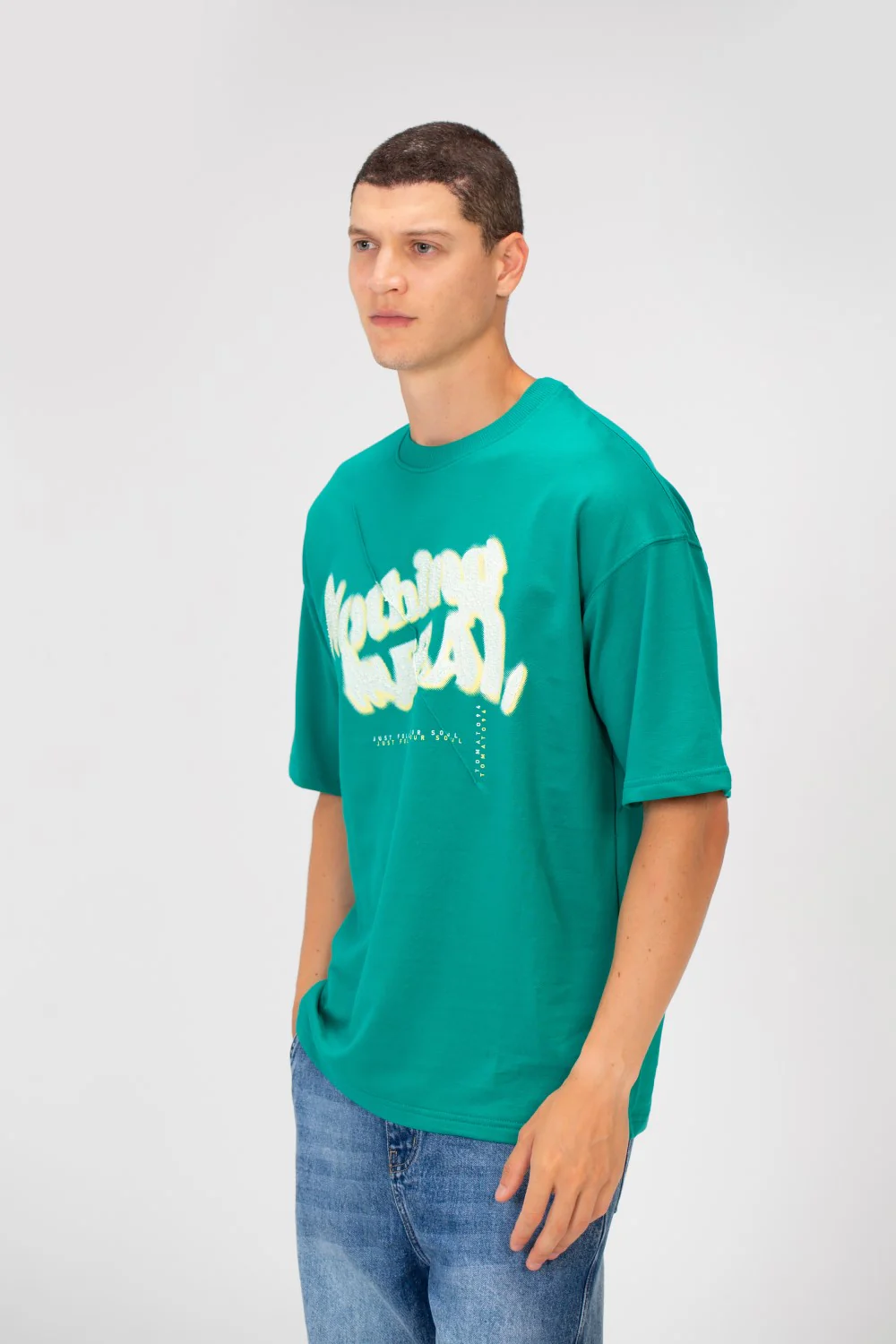 Men's Oversized Round Neck Short Sleeves Front Text Print Melton T-shirt - Image 7