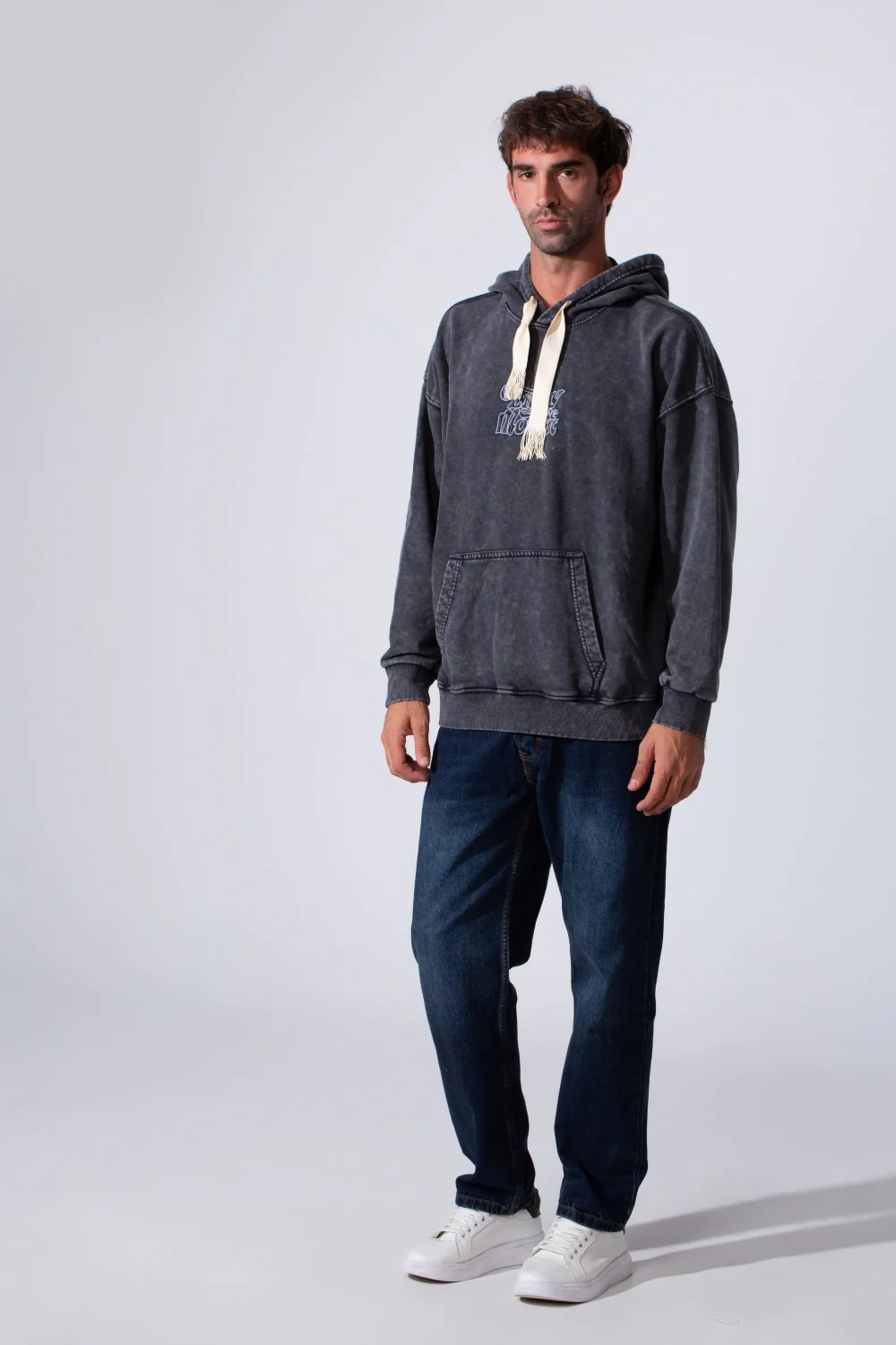Men's Oversized Tomato Store Washed Hood Sweatshirt With Front Kangaroo Pocket And Back Text Print - Image 3