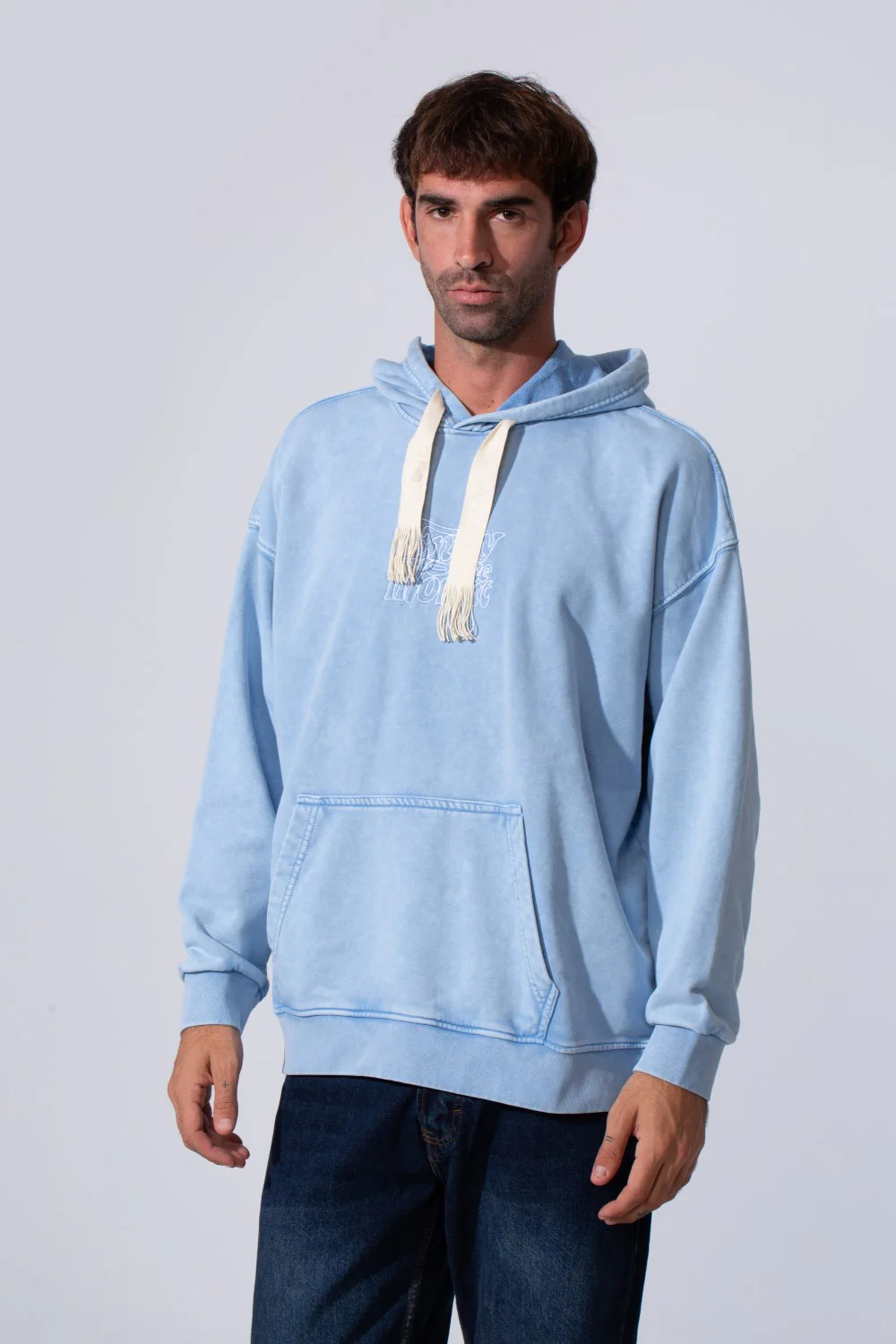 Men's Oversized Tomato Store Washed Hood Sweatshirt With Front Kangaroo Pocket And Back Text Print - Image 5