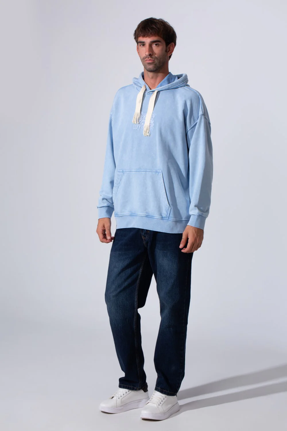 Men's Oversized Tomato Store Washed Hood Sweatshirt With Front Kangaroo Pocket And Back Text Print - Image 7