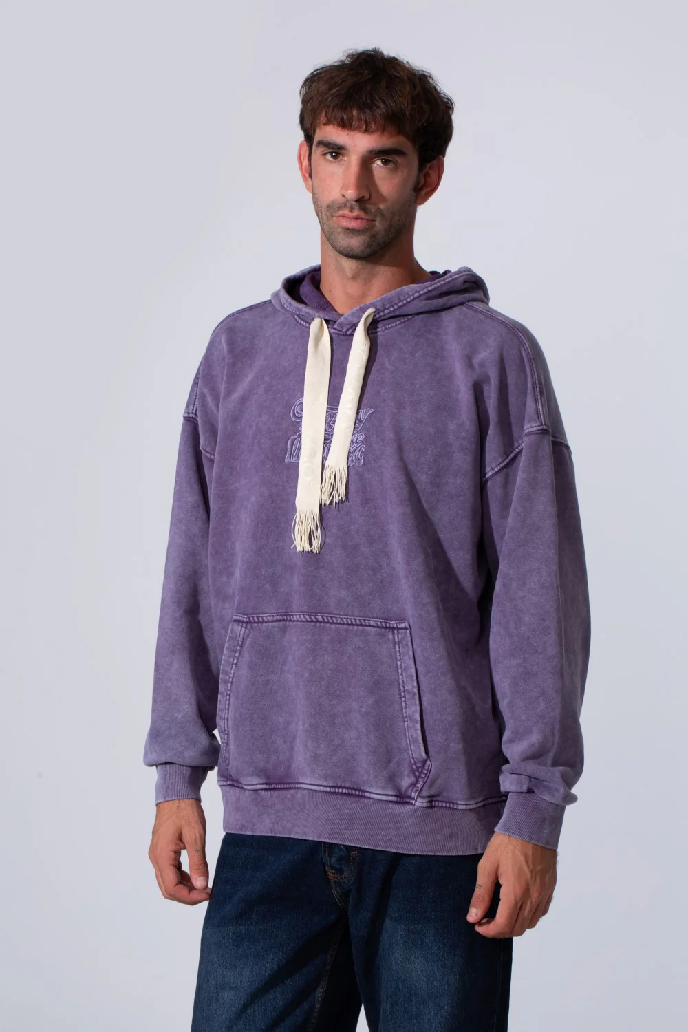 Men's Oversized Tomato Store Washed Hood Sweatshirt With Front Kangaroo Pocket And Back Text Print - Image 9