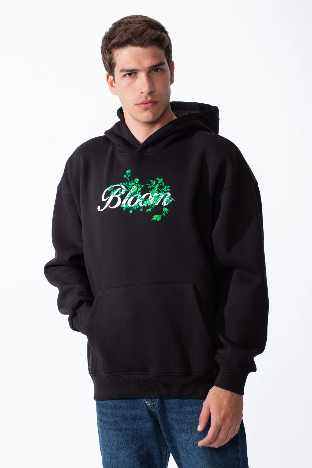 Men's Oversized Urban Design Hooded Neck Long Sleeves Kangaroo Pocket Bold Graphic Print Relaxed Fit Melton Sweatshirt