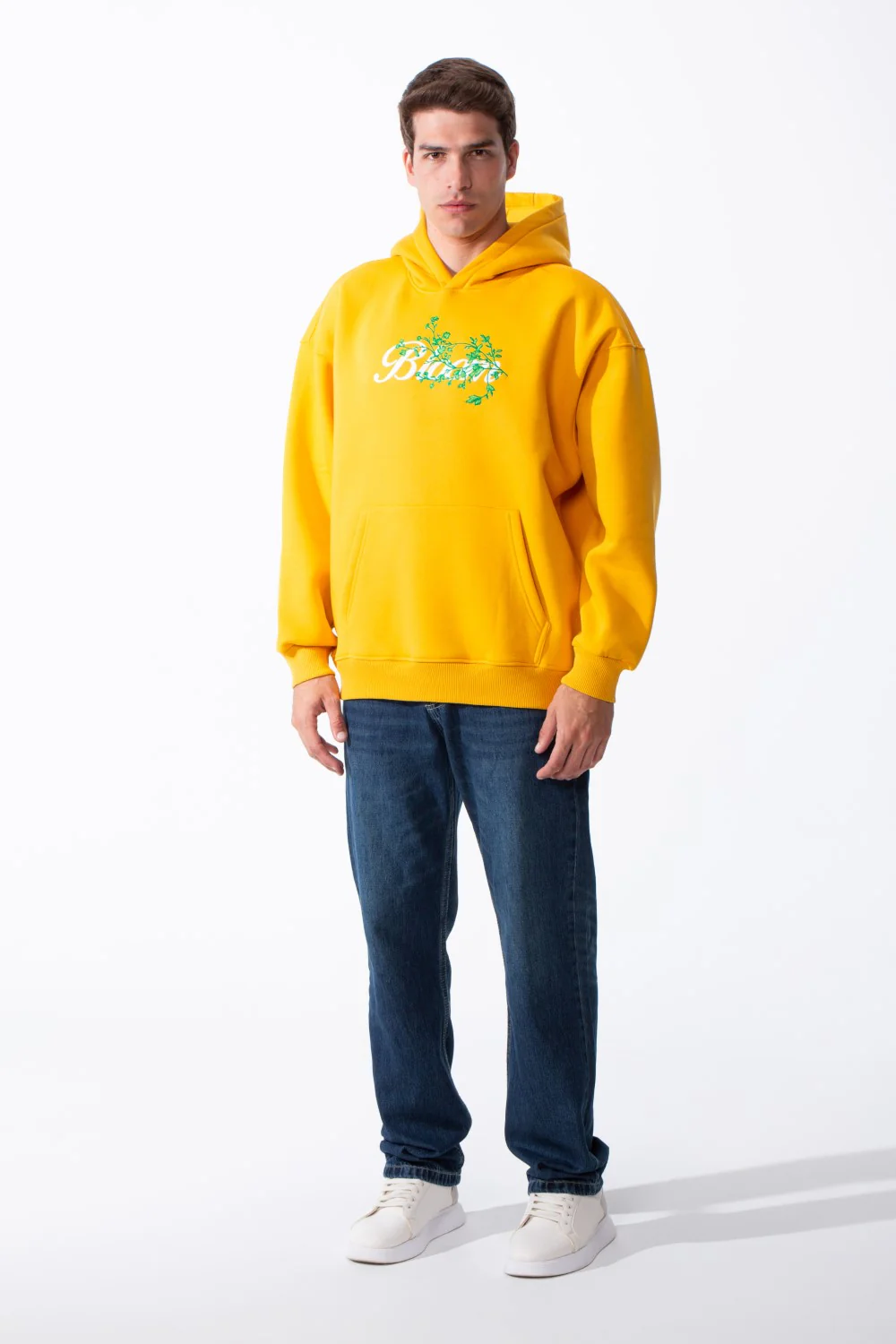 Men's Oversized Urban Design Hooded Neck Long Sleeves Kangaroo Pocket Bold Graphic Print Relaxed Fit Melton Sweatshirt - Image 11