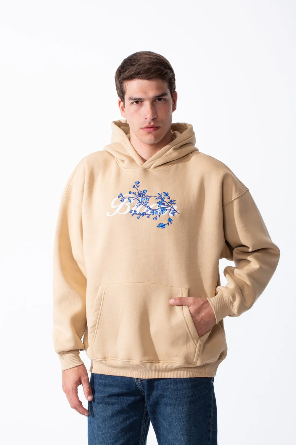 Men's Oversized Urban Design Hooded Neck Long Sleeves Kangaroo Pocket Bold Graphic Print Relaxed Fit Melton Sweatshirt - Image 12