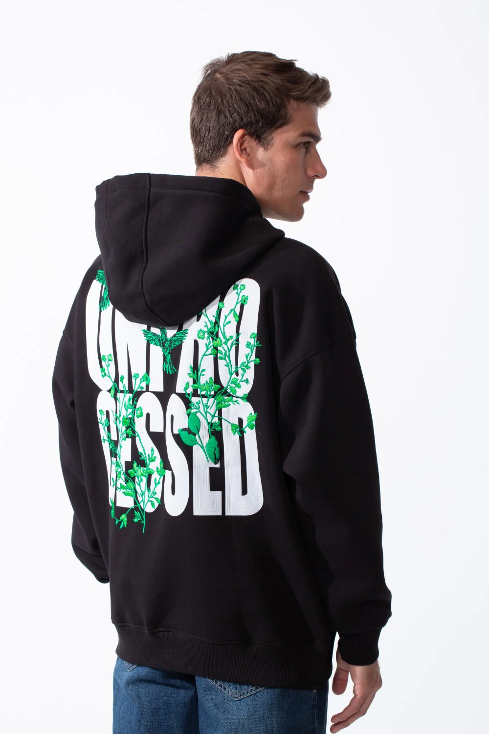 Men's Oversized Urban Design Hooded Neck Long Sleeves Kangaroo Pocket Bold Graphic Print Relaxed Fit Melton Sweatshirt - Image 2