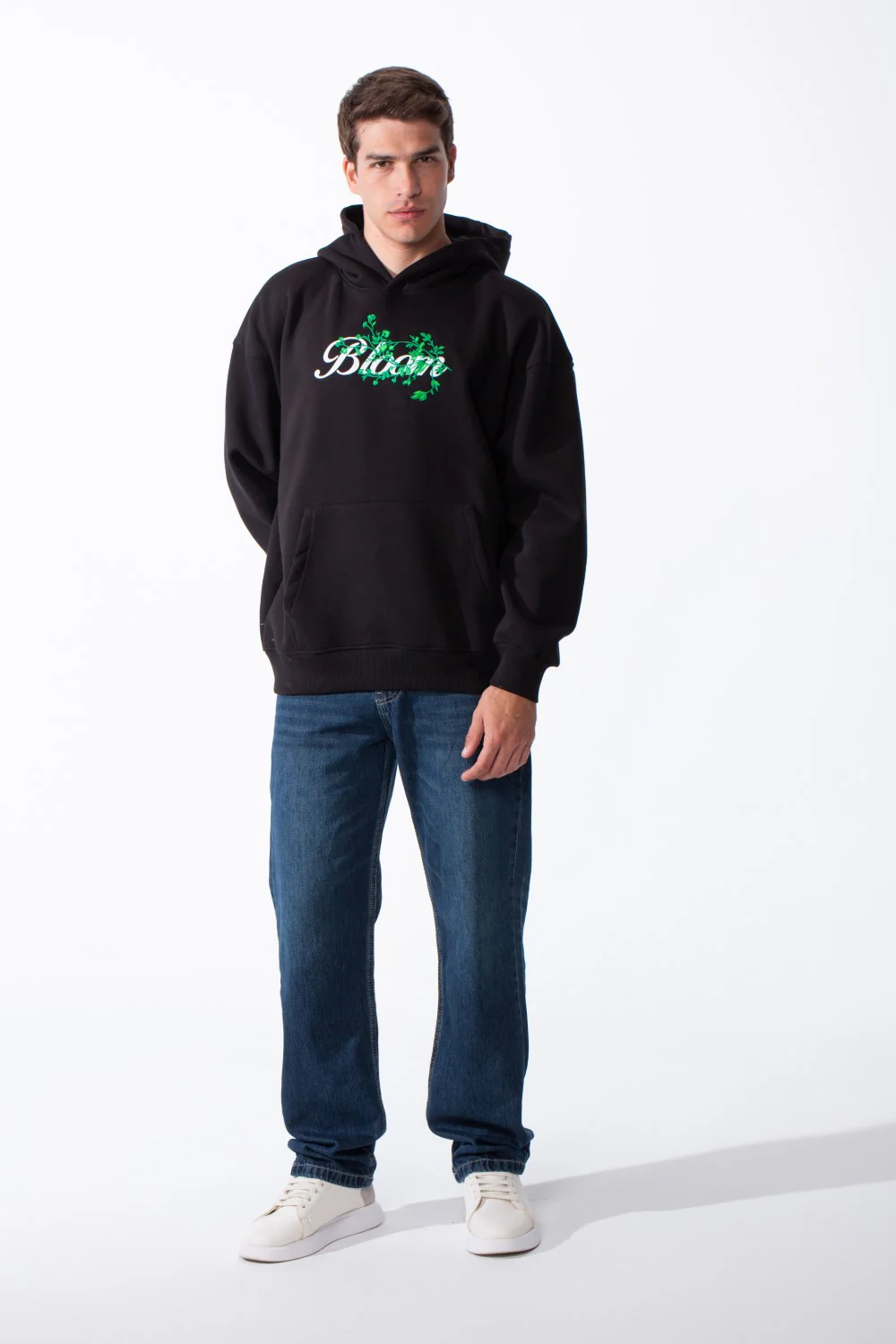 Men's Oversized Urban Design Hooded Neck Long Sleeves Kangaroo Pocket Bold Graphic Print Relaxed Fit Melton Sweatshirt - Image 3