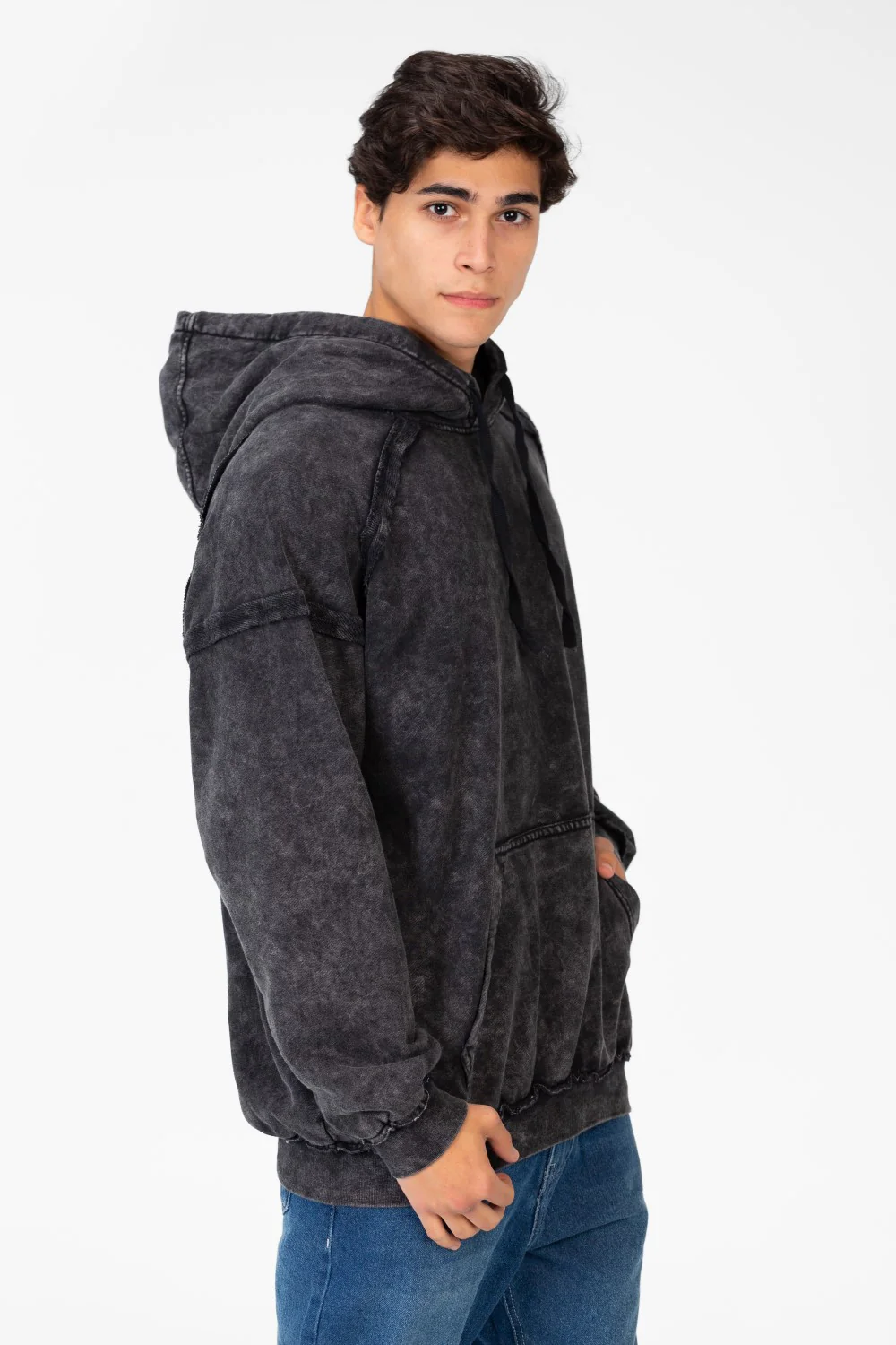 Men's Oversized Washed Hood Sweatshirt With Kangaroo Pocket On The Front - Image 3