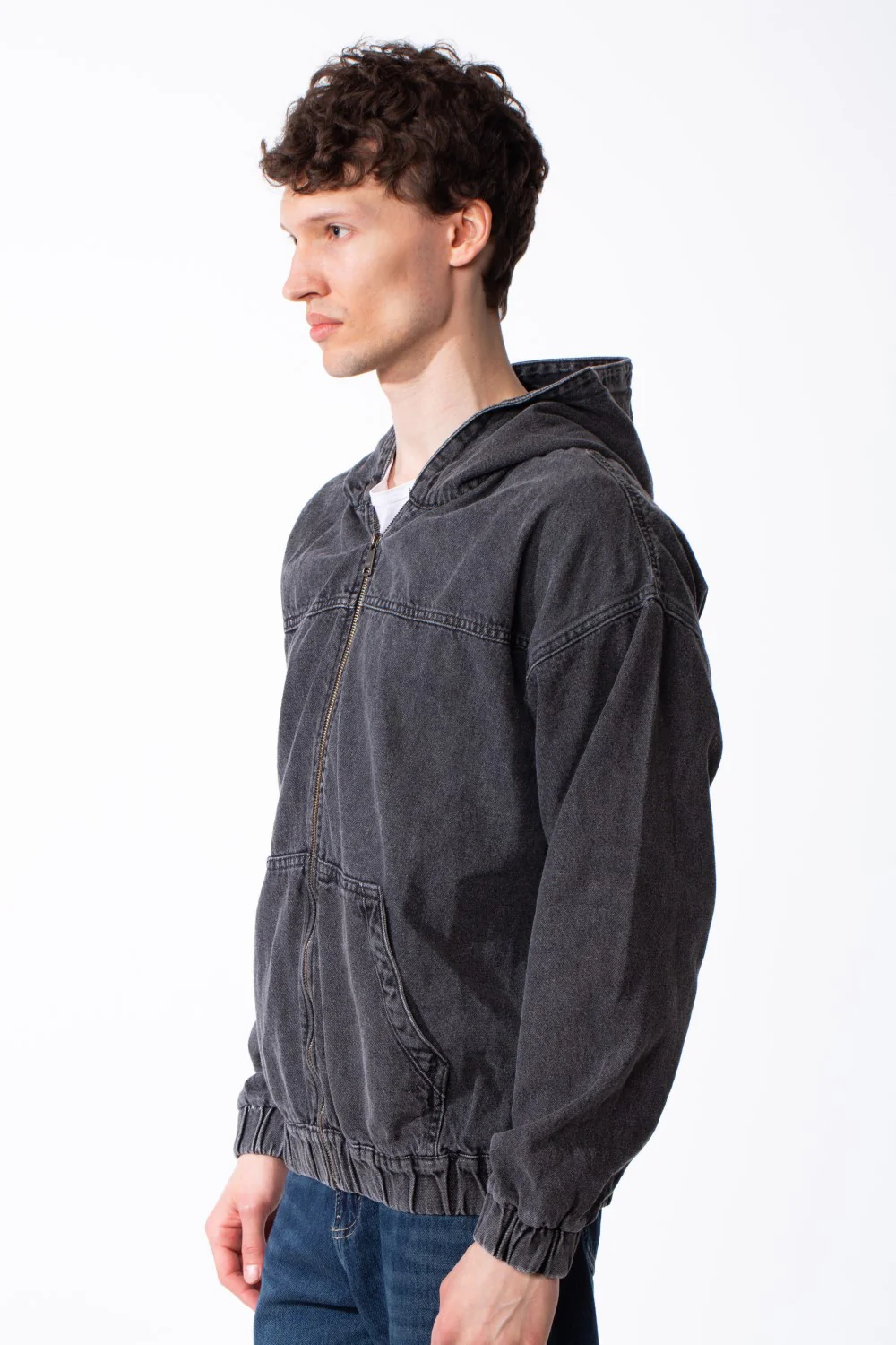 Men's Zip-Up Acid-Wash Finish Metallic Hardware Zipper Split Kangaroo Pockets Elasticated Ribbed Cuffs Jeans Jacket - Image 16
