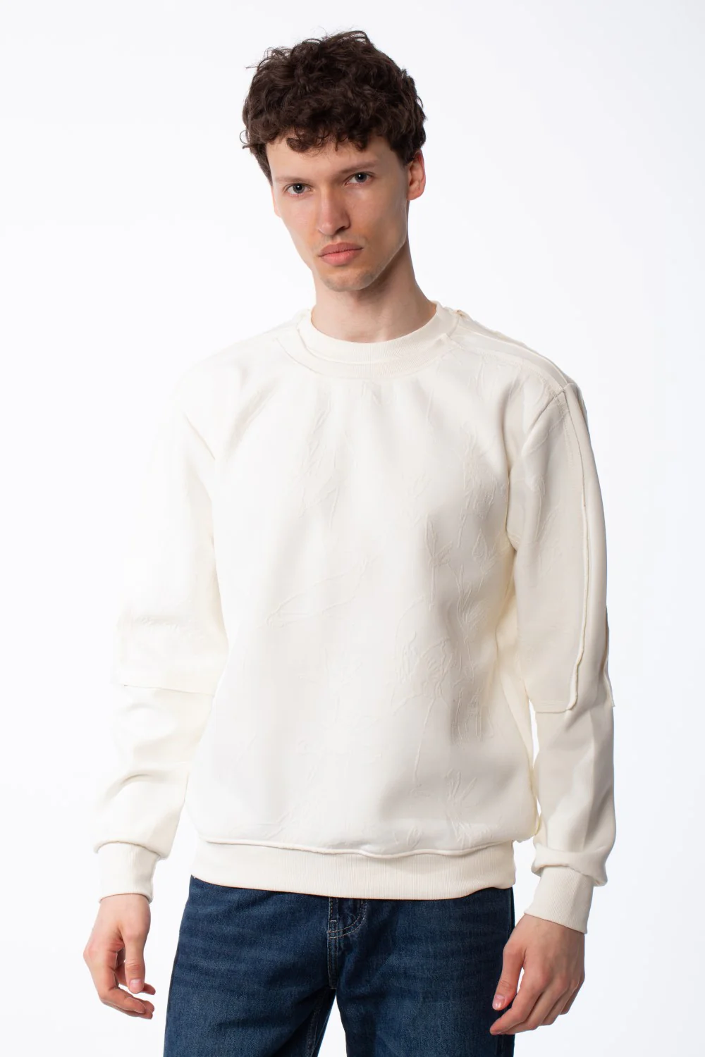Men's Panelled Crewneck Sweatshirt Tonal Debossed Floral Patterns Overlays Sleeves Ribbed Neckline Cuffs And Hem Streetwear Feel