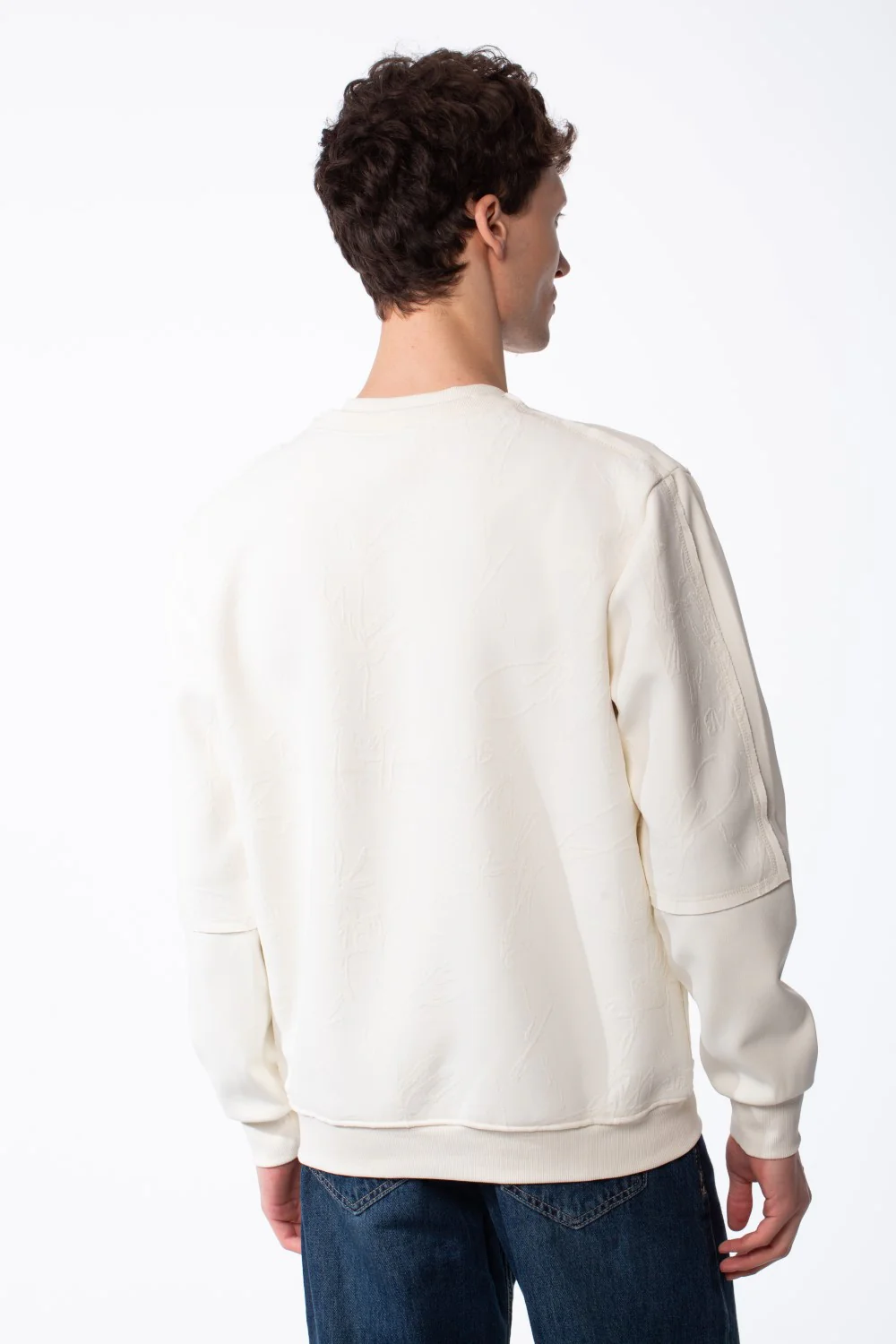 Men's Panelled Crewneck Sweatshirt Tonal Debossed Floral Patterns Overlays Sleeves Ribbed Neckline Cuffs And Hem Streetwear Feel - Image 2