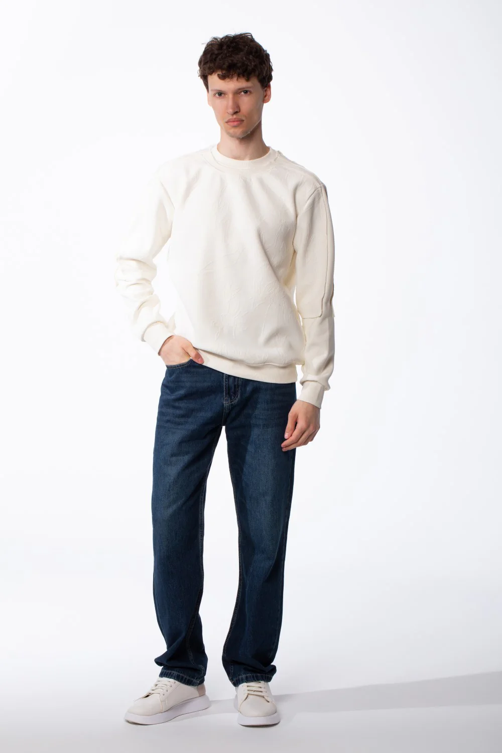 Men's Panelled Crewneck Sweatshirt Tonal Debossed Floral Patterns Overlays Sleeves Ribbed Neckline Cuffs And Hem Streetwear Feel - Image 3
