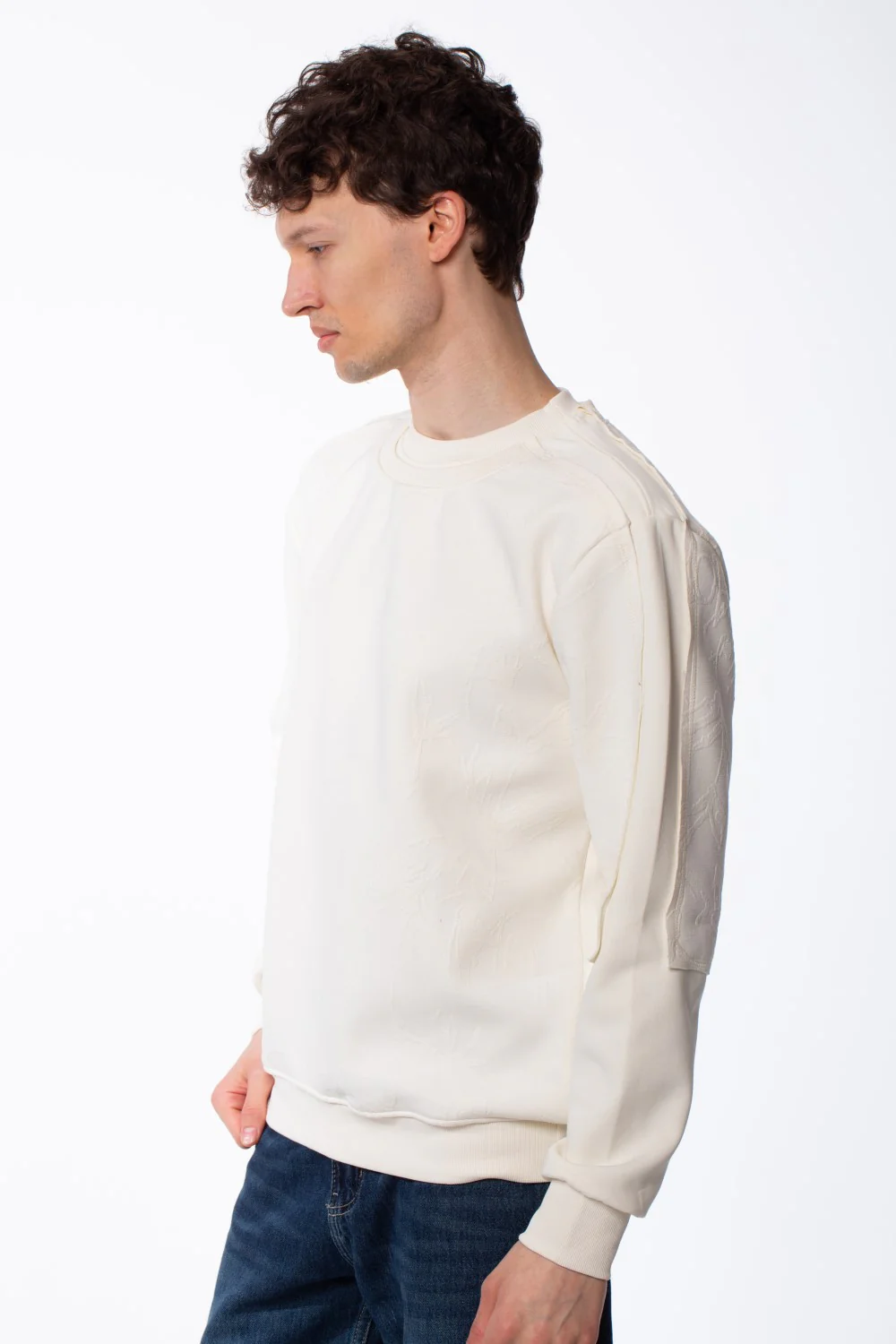 Men's Panelled Crewneck Sweatshirt Tonal Debossed Floral Patterns Overlays Sleeves Ribbed Neckline Cuffs And Hem Streetwear Feel - Image 4