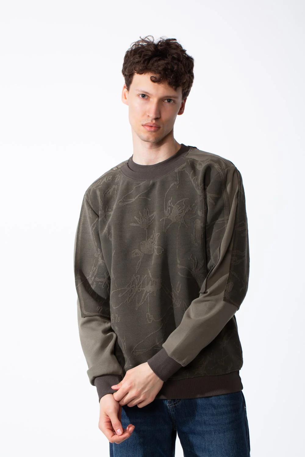 Men's Panelled Crewneck Sweatshirt Tonal Debossed Floral Patterns Overlays Sleeves Ribbed Neckline Cuffs And Hem Streetwear Feel - Image 5