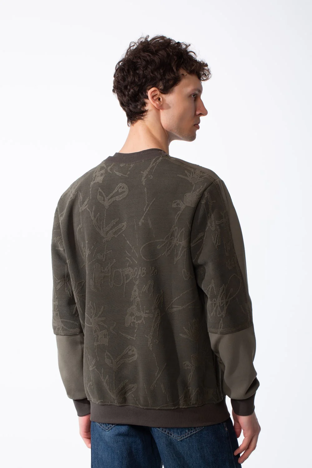 Men's Panelled Crewneck Sweatshirt Tonal Debossed Floral Patterns Overlays Sleeves Ribbed Neckline Cuffs And Hem Streetwear Feel - Image 6