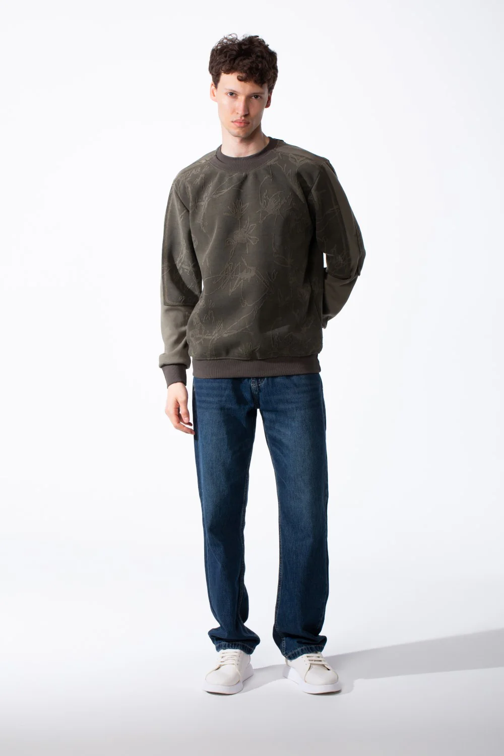 Men's Panelled Crewneck Sweatshirt Tonal Debossed Floral Patterns Overlays Sleeves Ribbed Neckline Cuffs And Hem Streetwear Feel - Image 7
