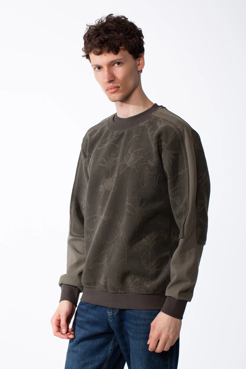 Men's Panelled Crewneck Sweatshirt Tonal Debossed Floral Patterns Overlays Sleeves Ribbed Neckline Cuffs And Hem Streetwear Feel - Image 8