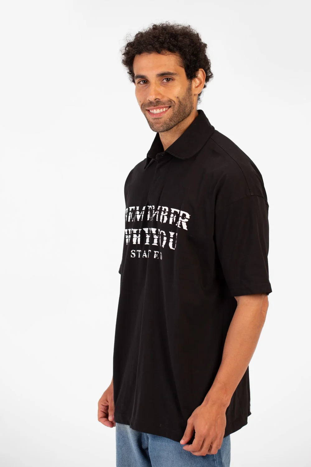 Men's Polo Neck Modern Front Text Print Regular Fit Short Sleeve T-Shirt - Image 3