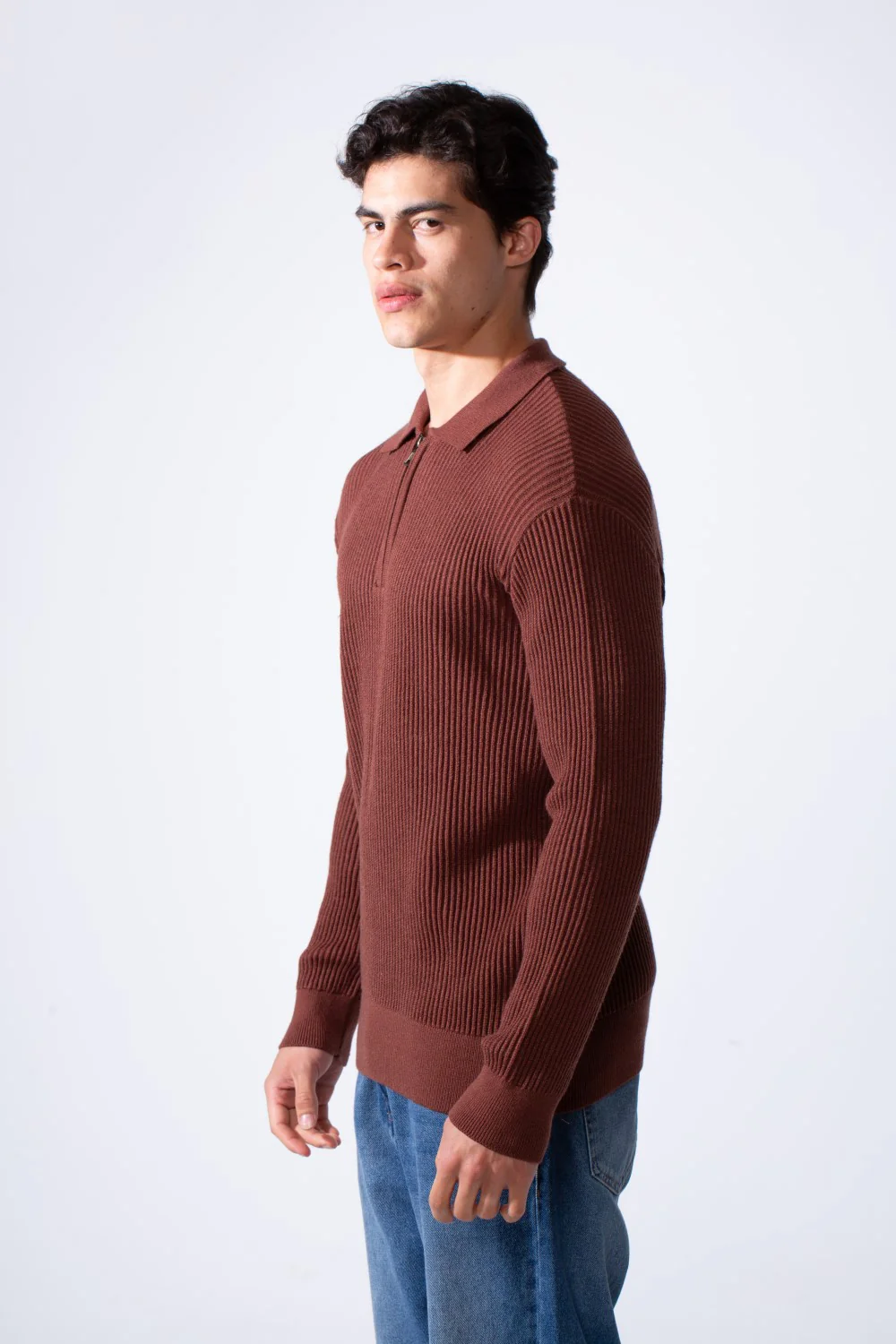 Men's Polo Neck With Quarter Zip Basic Textured Knitted Slim Fit Pullover - Image 12