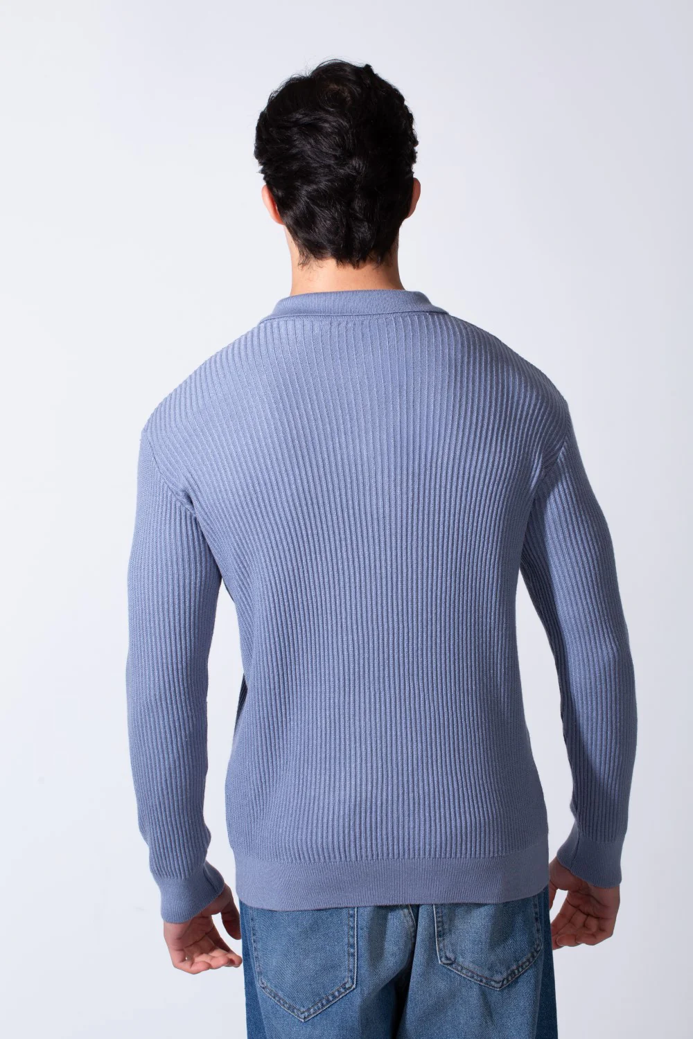 Men's Polo Neck With Quarter Zip Basic Textured Knitted Slim Fit Pullover - Image 6