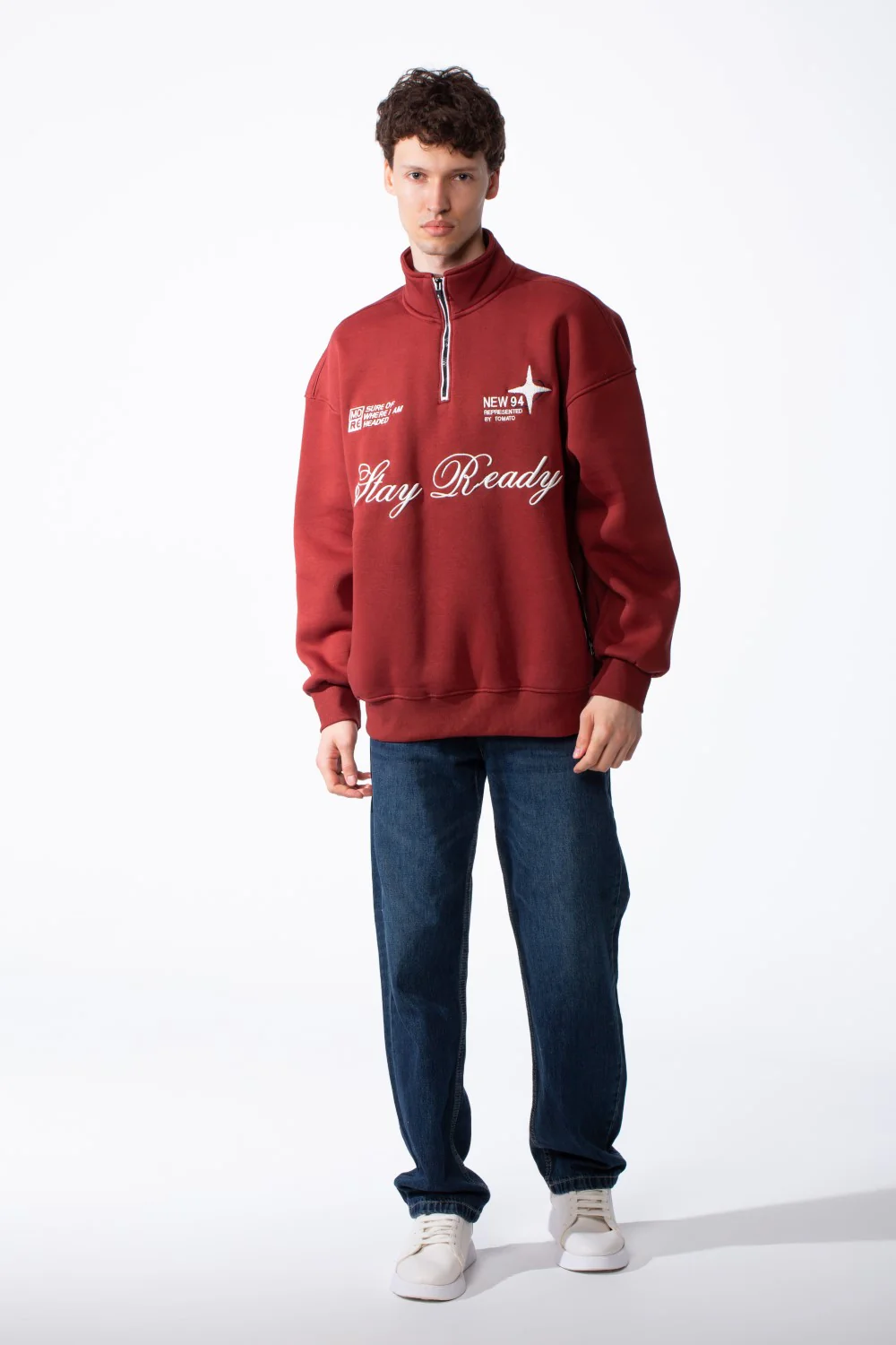 Men's Quarter-Zip Mock Neck Chest Tonal Embroidery Script Graphic Details Oversized Melton Sweatshirt - Image 15