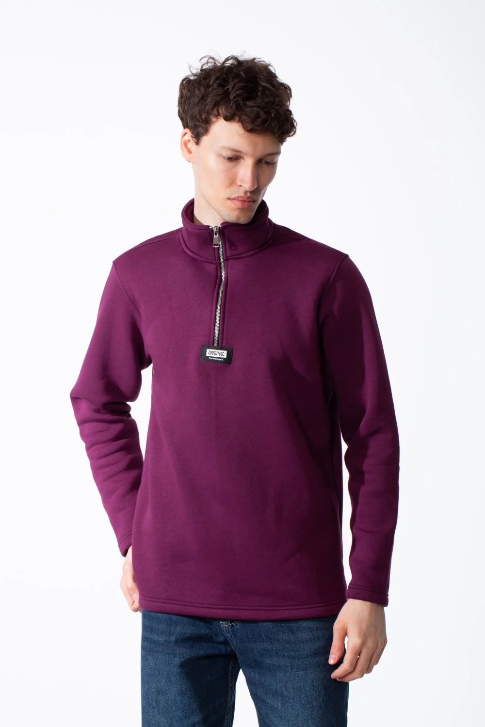 Men's Quarter-Zip Mock Neck Sweatshirt Detailed With Contrasting Metallic Zipper Branded Label Double Stitched Flat hem And Cuffs - Image 9