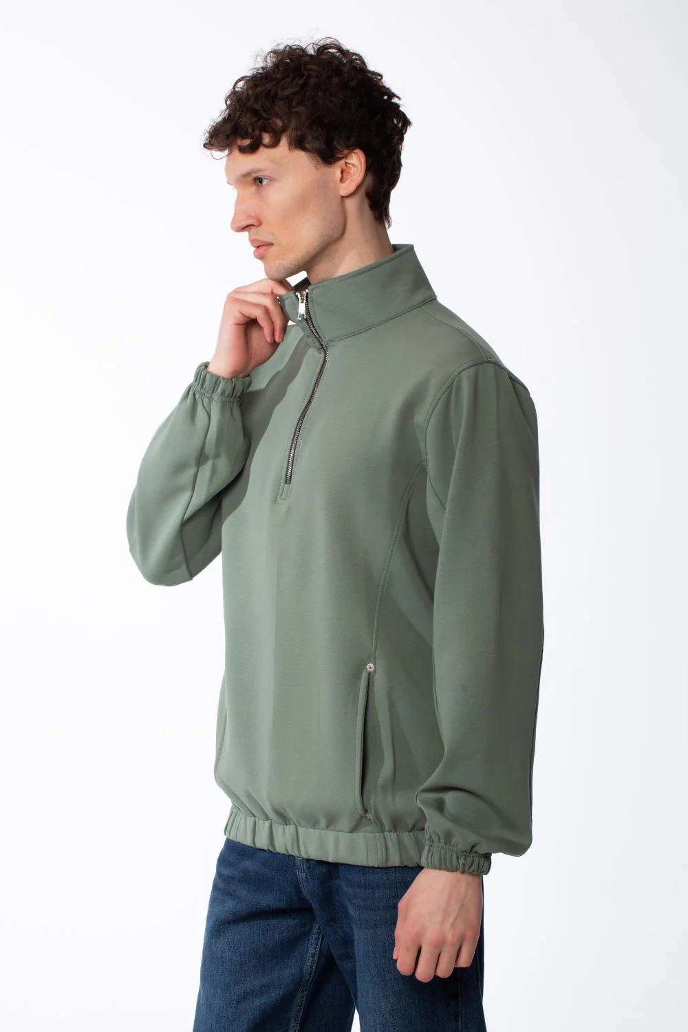 Men's Quarter-Zip Mock Neck Sweatshirt Front Panelled Construction With Curved Seam Detailed Elasticated Hem And Cuffs Side-Entry Pockets - Image 12