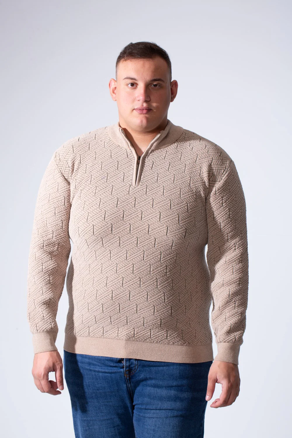 Men's Quarter-Zip Textured Chevron Knit Pattern With Practical High Neckline Slim Fit Versatile Casual Big Size Pullover
