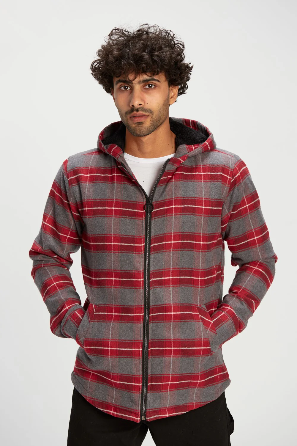 Men's Regular Fit Full Zipper Side Pockets Checked Wool Padded Hooded Shirt