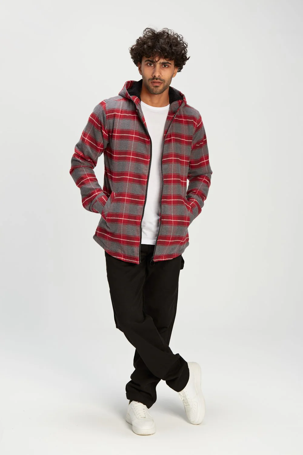 Men's Regular Fit Full Zipper Side Pockets Checked Wool Padded Hooded Shirt - Image 3