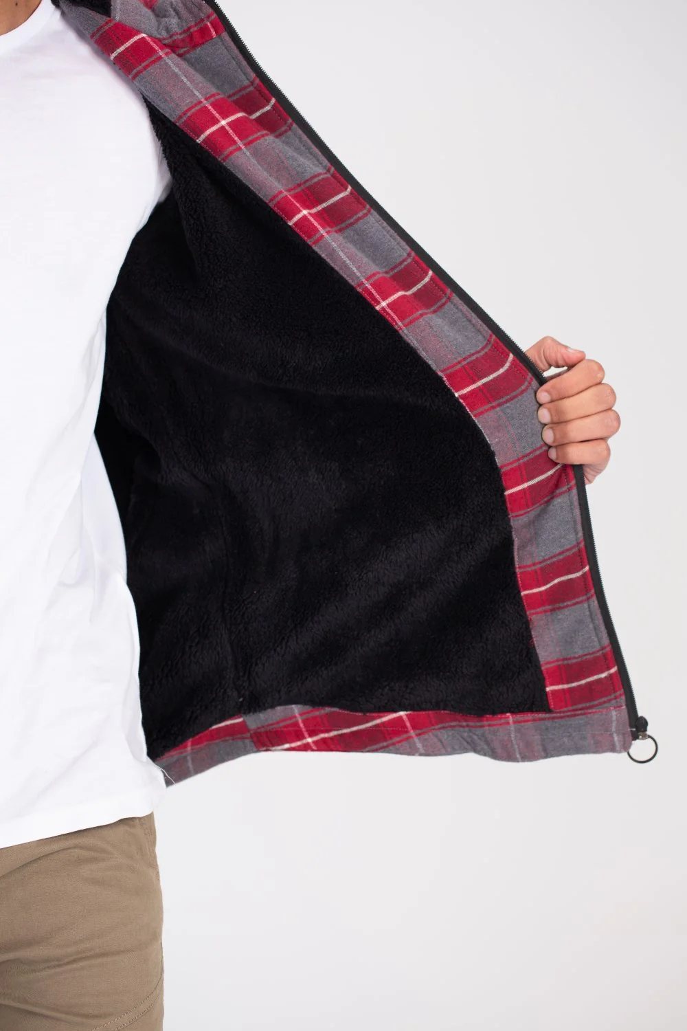 Men's Regular Fit Full Zipper Side Pockets Checked Wool Padded Hooded Shirt - Image 4