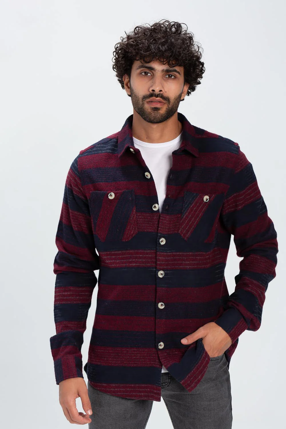 Men's Regular Fit With Front Pockets Striped Style Soft Wool Shirt