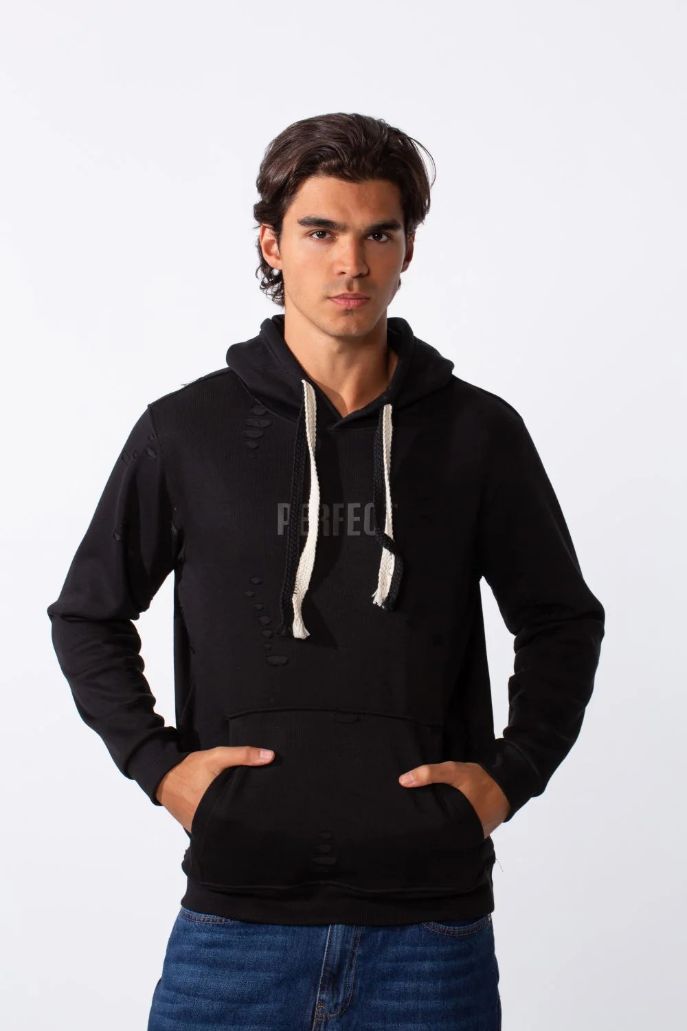 Men's Ripped Slim Fit Kangaroo Pocket Hood Sweatshirt