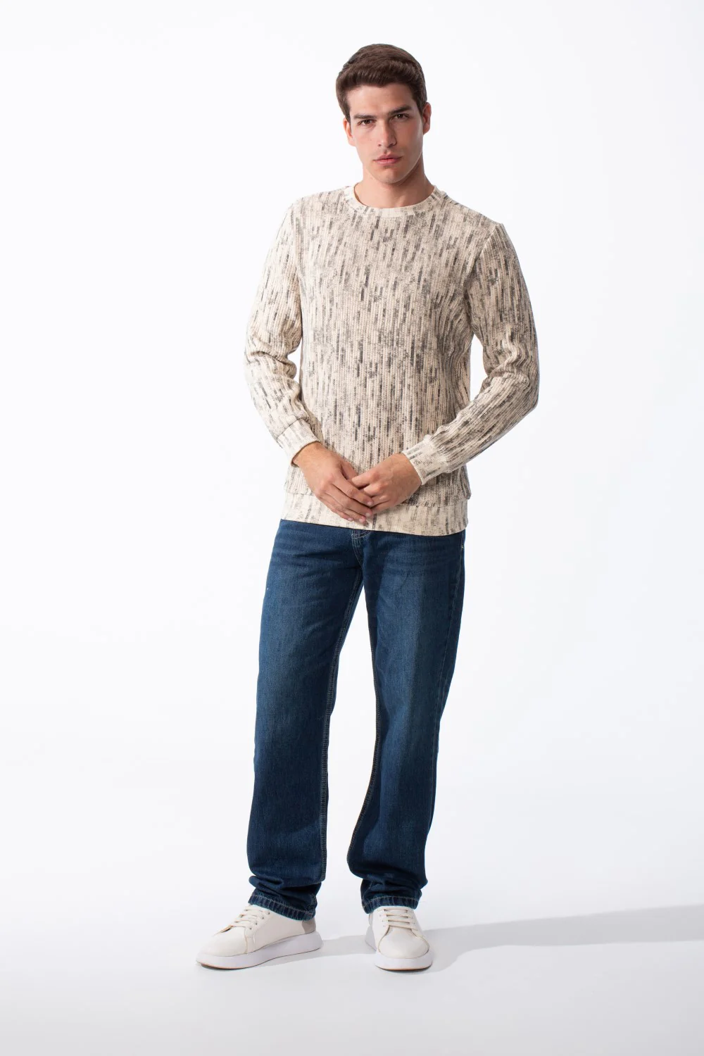 Men's Round Neck Checkered Pattern Long Sleeve Ribbed Fabric Slim Fit Sweatshirt - Image 7
