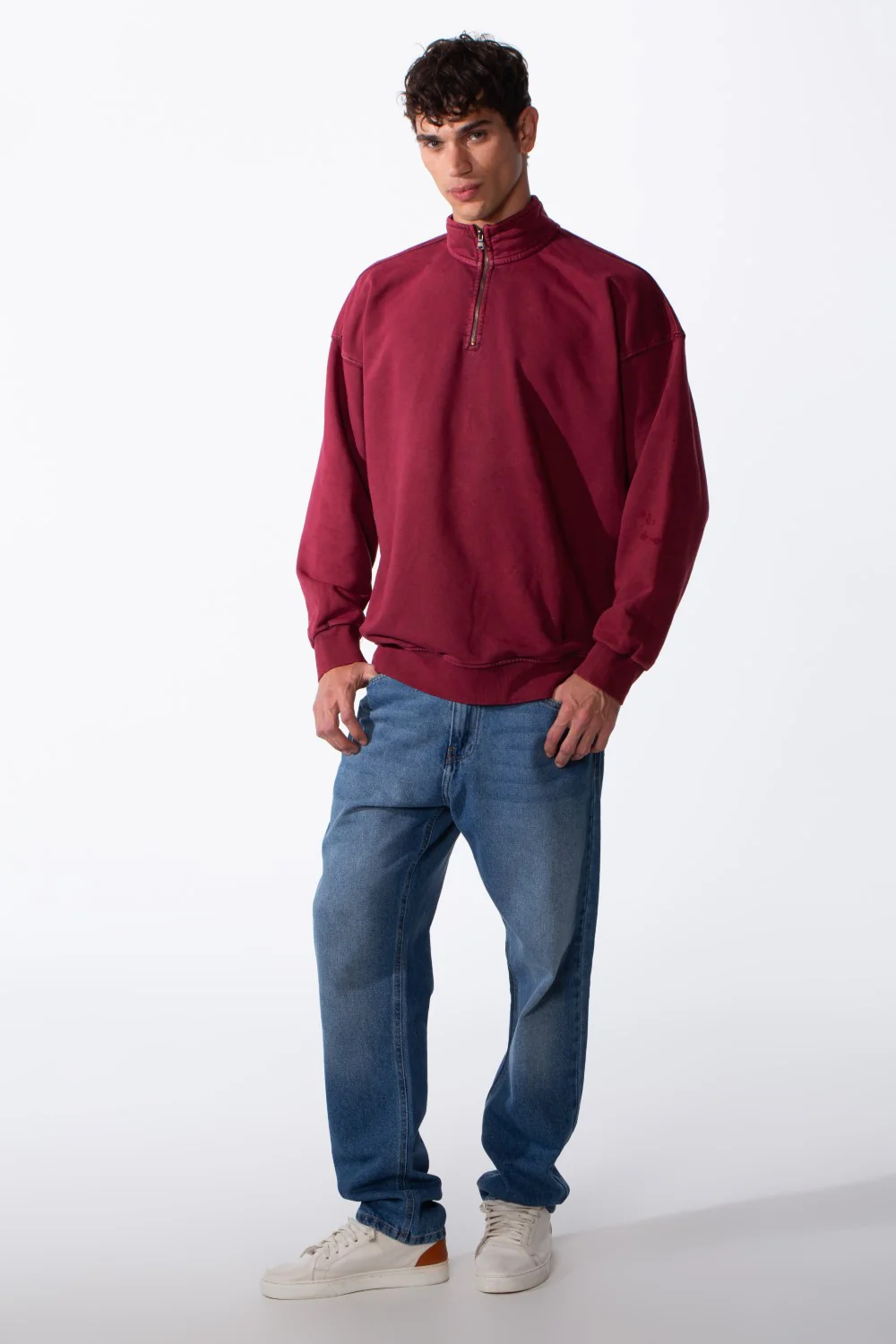 Men's Round Neck Half Zip Long Sleeve Oversized Sweatshirt - Image 11