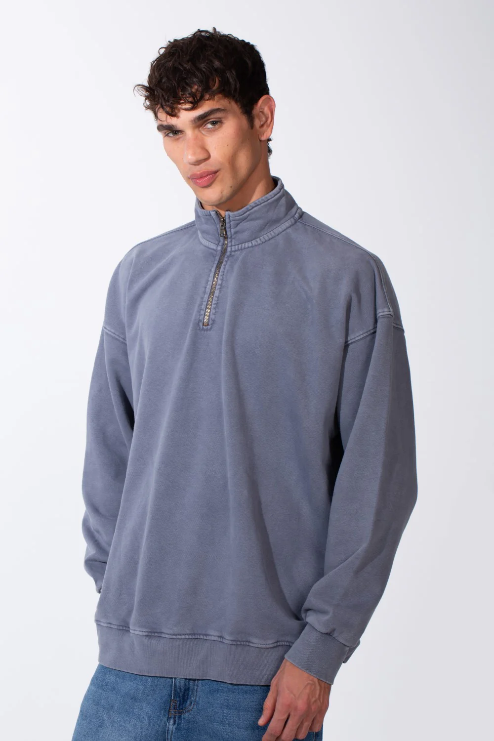 Men's Round Neck Half Zip Long Sleeve Oversized Sweatshirt - Image 5