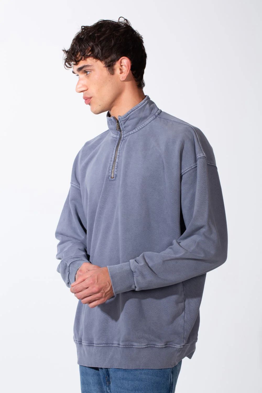 Men's Round Neck Half Zip Long Sleeve Oversized Sweatshirt - Image 8