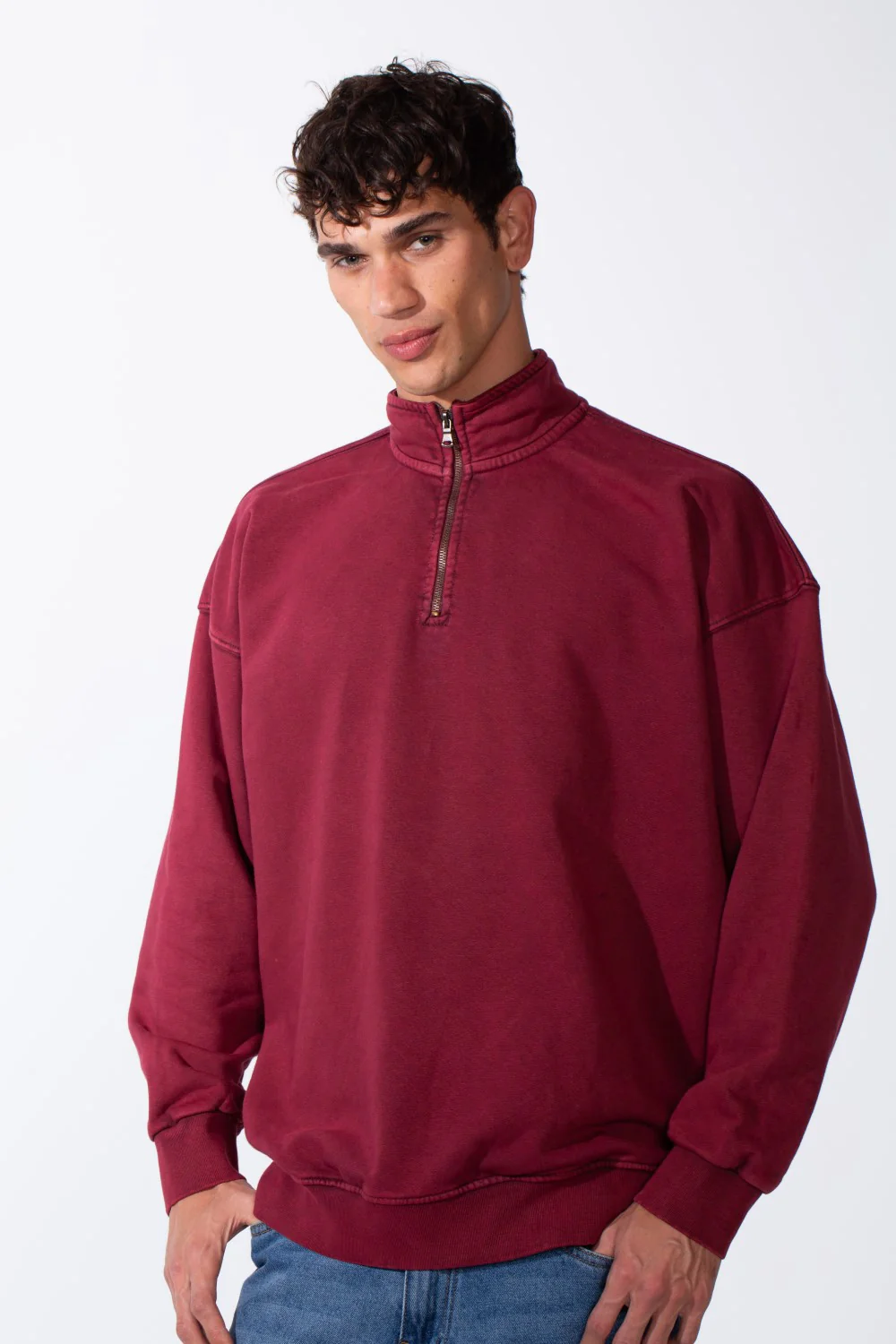 Men's Round Neck Half Zip Long Sleeve Oversized Sweatshirt - Image 9
