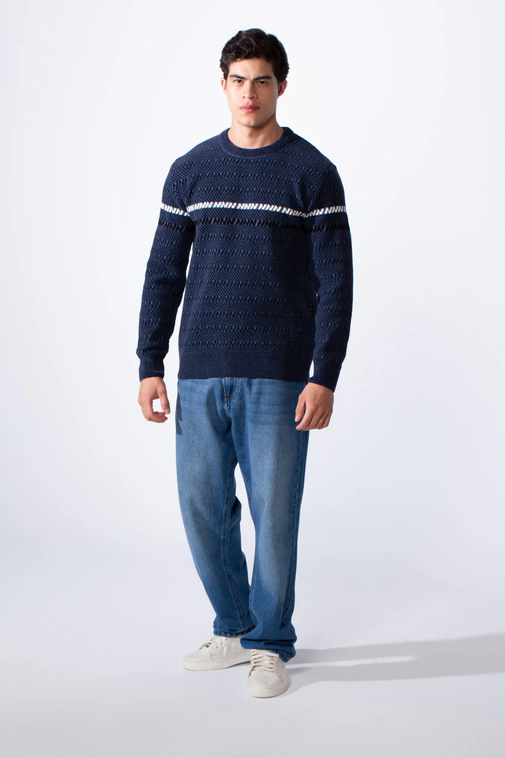 Men's Round Neck Slim Fit Textured Striped Daily Wear Pullover - Image 12