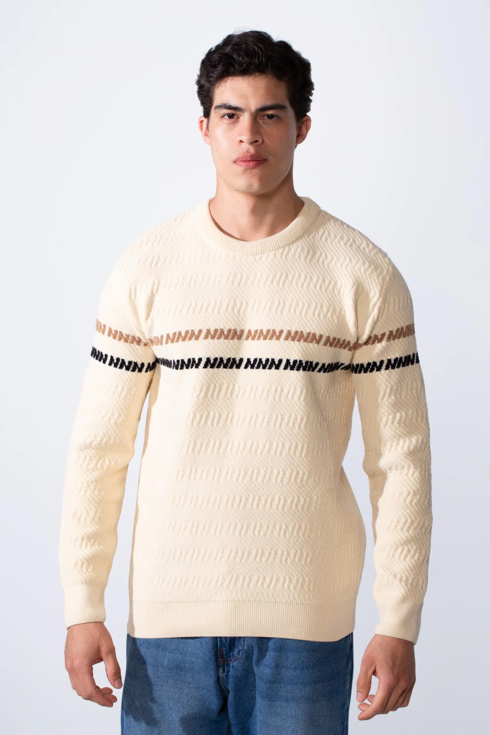 Men's Round Neck Slim Fit Textured Striped Daily Wear Pullover - Image 5