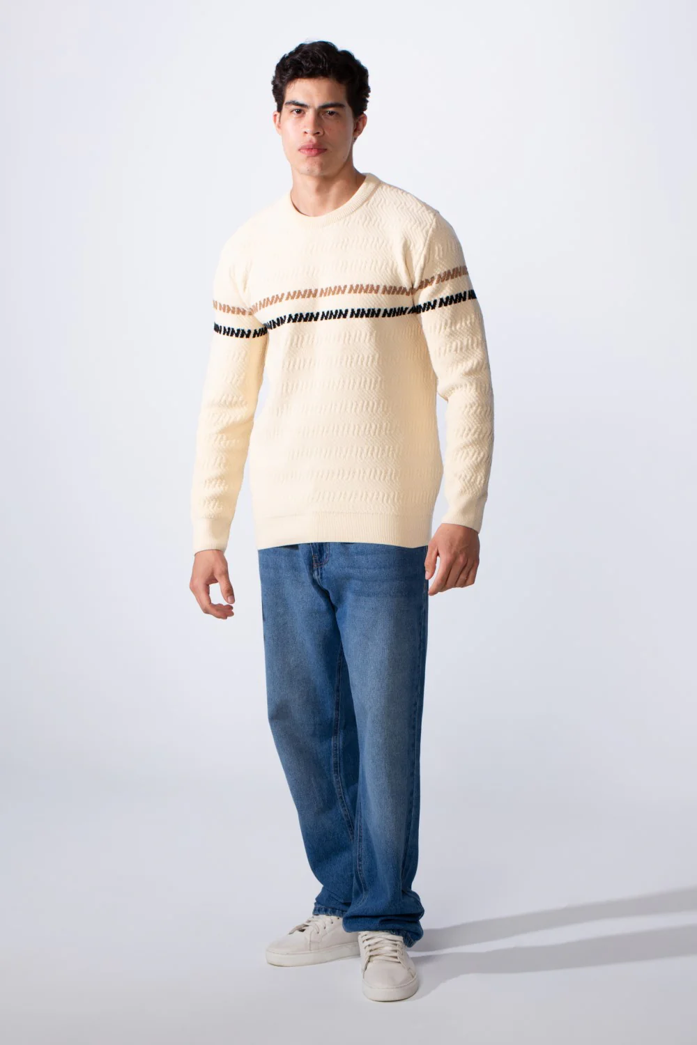 Men's Round Neck Slim Fit Textured Striped Daily Wear Pullover - Image 7