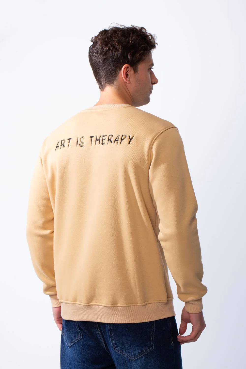 Men's Round Neck With Front Text Print Ribbed Cuffs And Waistband Slim Fit Sweatshirt - Image 2