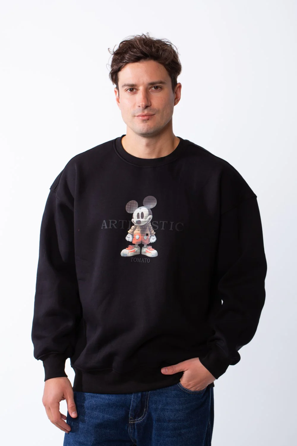 Men's Rounded Neckline With Playful Chest Print Long Sleeves Over Size Casual Everyday Wear Melton Sweatshirt