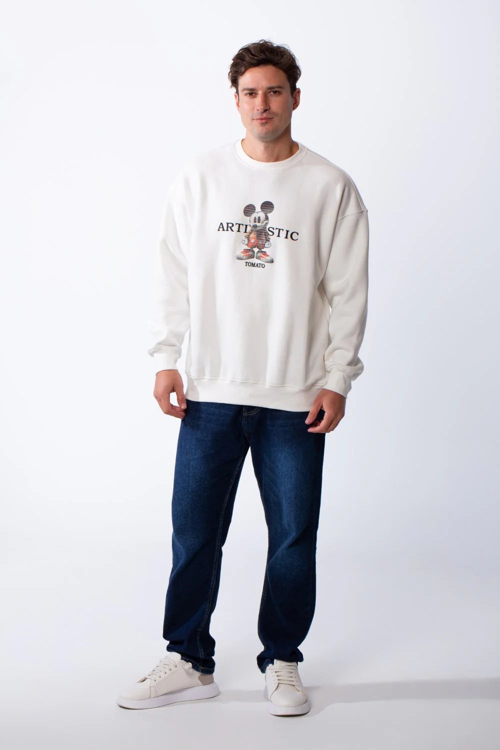 Men's Rounded Neckline With Playful Chest Print Long Sleeves Over Size Casual Everyday Wear Melton Sweatshirt - Image 11